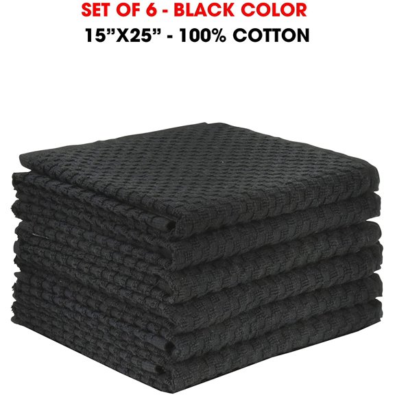 PYYNA-Kitchen Towels 100% Cotton Dobby Weave Terry Towel Set, 15" X 25", 6 Pack Soft and Absorbent Multipurpose Dish Cloth, Hand Towel and All Kitchen Cleaning Machine Washable (Black)