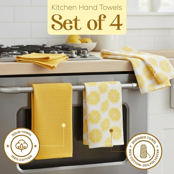 PYYNA-Kitchen Towels Set of 4 Premium Hand Towels 18 x 28 Inch Large Tea Towels for Drying & Decor - Soft, Absorbent Cotton Yellow Ribbed and Lemon Citrus Weave Cute Hand Towels - Housewarming Gift