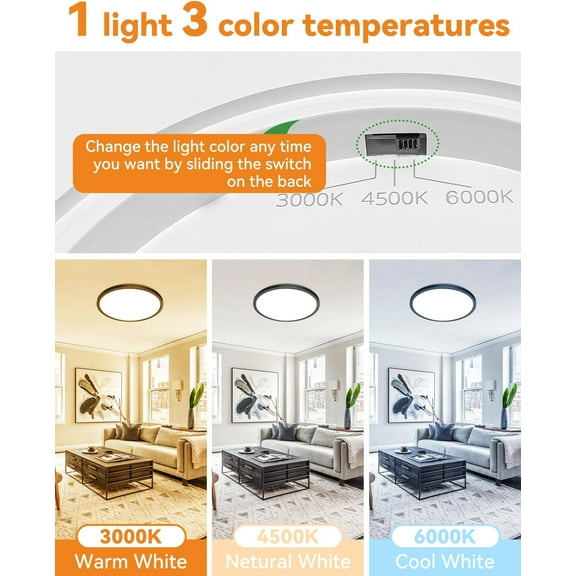 PYYNA-LED Flush Mount Ceiling Light Fixture, 12Inch 28W LED Light, Dimmable & 3000K/4500K/6000K 3 Color Adjustable Round Light 3200LM Low Profile Ceiling Light Fixtures for Kitchen Bedroom
