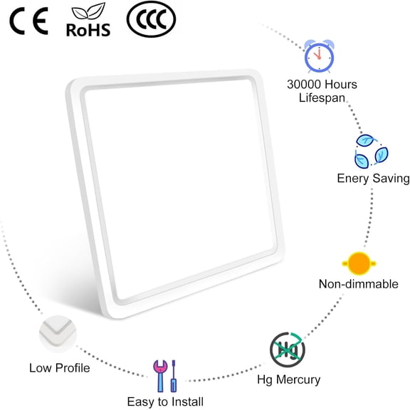 PYYNA-LED Flush Mount Ceiling Light Fixture, 9 Inch 18W 5000K Daylight White, 1800LM Square Super Bright Ceiling Lamp Lighting, IP 40 Flat Modern Lights for Bedroom, Kitchen, Closet, Office