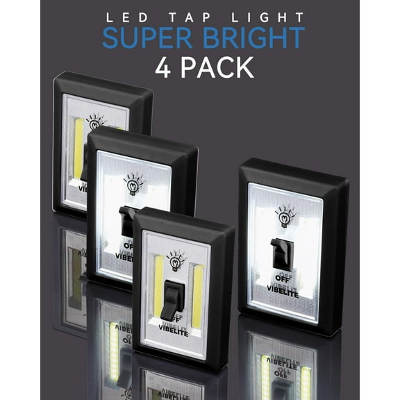 PYYNA-LED Night Light Switch, 200 Lumen Wireless COB LED Lamps Switch Light, Under Cabinet, Shelf, Closet, Garage, Kitchen, Stairwell and Emergency, Battery Operated, 4 Pack, Black