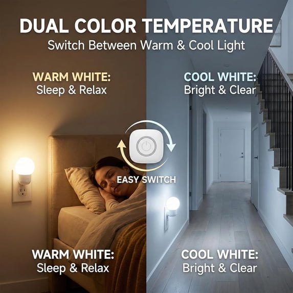PYYNA-LED Night Lights Plug into Wall 2-Pack, Warm White/Cool White AdjustableTool Free Setup Plug in Night Light1W Bright Nightlight for Adults Room Bedroom Bathroom Hallway Kitchen