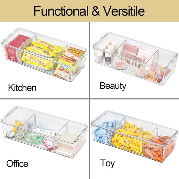 PYYNA-Large Clear Plastic Storage Bin with Lid&3 Divided Compartments, Stackable Lidded Transparent Long Storage Container Box for Organizing Makeup,Stationery,Snacks,Pantry,Closet,Dresser,Bathroom