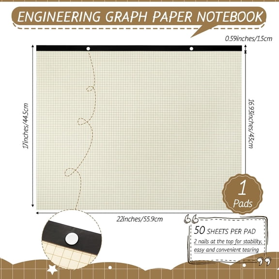 PYYNA-Large Engineering Graph Paper Pad 22''x17'' Landscape 4" x 4"Grid Pad Giant Drafting Sketching Graph Paper for Engineer Architect Designer Mathematician Draftsman(Beige and Brown)