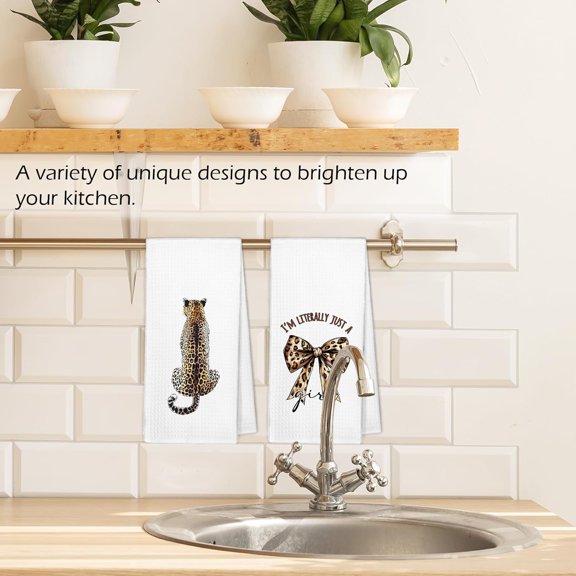 PYYNA-Leopard Bow Kitchen Towels Set of 2 - Preppy Coquette Cheetah Print Dish Hand Tea Towels, I'm Literally Just a Girl, Funky Trendy Western Decorative Towel for Bathroom College Dorm, 16x24 Inch