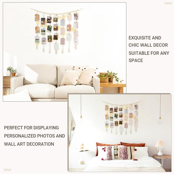 PYYNA-Macrame Hanging Photo Display Wall Decor with String Lights, Boho Wooden Beads Garland Collage Picture Card Frame Holder with 45 Clips for Bedroom Living Room Dorm, Teen Girls Christmas Gifts