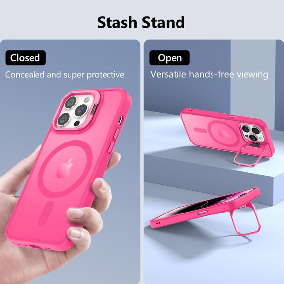 PYYNA-Magnetic Case for iPhone 14 Pro with Kickstand, Compatible with Magsafe, Built-in Camera Stash Stand, Military Protection, Skin Feeling Phone Case for iPhone 14 Pro, Hot Pink