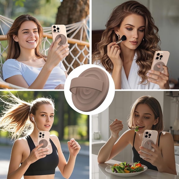 PYYNA-Magnetic Phone Grip Ring Holder, Liquid Silicone Magnet Cell Phone Grip Finger Loop, Compatible with Magsafe, Back of Phone for iPhone 17/16/15/14/13/12 Series, Light Brown