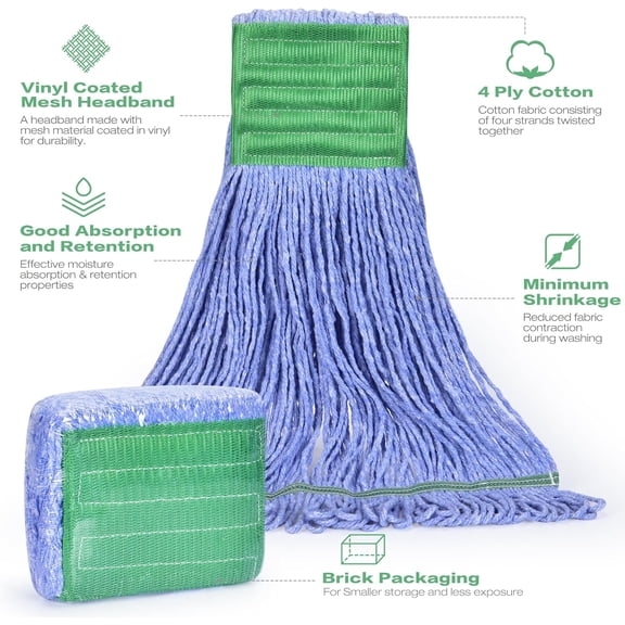 PYYNA-Matthew Cleaning Heavy Duty Mop Head Replacement, 5 Inch Wide Headband, Color Coded Looped End Cotton String Wet Mops for Floor Cleaning, Medium Size 18 oz, 4 Pack