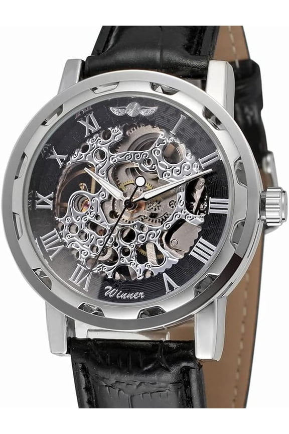 -Men's Fashion Mechanical Wristwatch Transparent Dial with Skeleton Design Leather Band Automatic Manual-Winding Watch