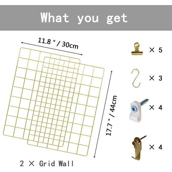 PYYNA-Metal Mesh Wall Grid Panel for Photo Display,Message Board,Size: 17.5" x 11.8",Pack of 2 (Gold)