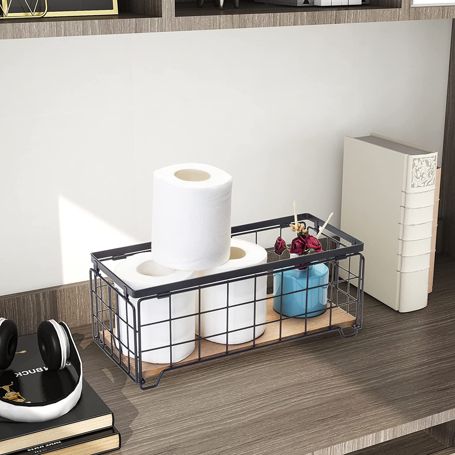 PYYNA-Metal Wire Storage Basket, Toilet Paper Roll Holder Wood Base ...