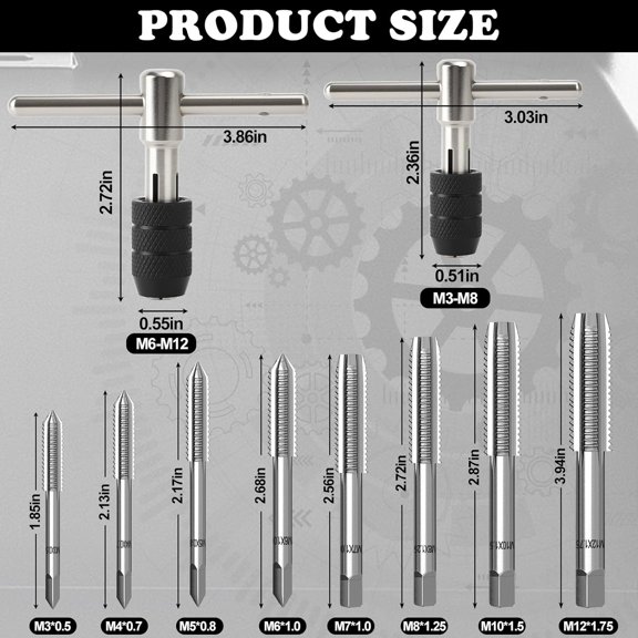 PYYNA-Metric Tap Set 10 Pcs, Adjustable Tap and Die Set with 2 T Handle Tap Wrench and M3 M4 M5 M6 M7 M8 M10 M12 Taps, Hand Screw Thread Taps Set, Metric Plug Tap Screw Tap Drill Tap Drill Set Tappin