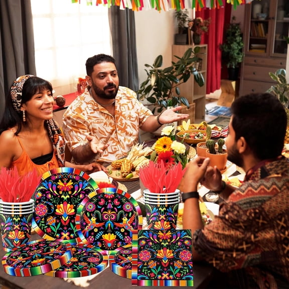 PYYNA-Mexican Party Decorations, 144Pcs Fiesta Plates and Napkins, Mexican Fiesta Decor Tableware Set include Plates, Napkins, Cups for Cinco de Mayo Party Decorations Supplies, Serve 24