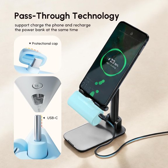 PYYNA-Mini Blue USB C Power Bank,4800mAh USB-C Portable Charger for iPhone 17 Pro Max, Little Backup External Type-c Battery Charger for iPhone 16e,USB Type C Battery Pack for Android Smartphones/Tab