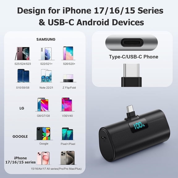 PYYNA-Mini Portable Charger for iPhone 17/16,Upgraded 5500mAh PD USB C Power Bank,Travel Essentials Pocket Phone Charger Battery Pack for iPhone 17/17 Pro Max/16/16 Pro/15 Series,Samsung Galaxy Andro