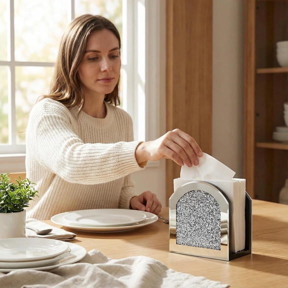 PYYNA-Mirror Napkin Holder with Crushed Diamond, Bling Glass Silver Napkin Holder for Dining Table Kitchen Countertop and Home Dcor