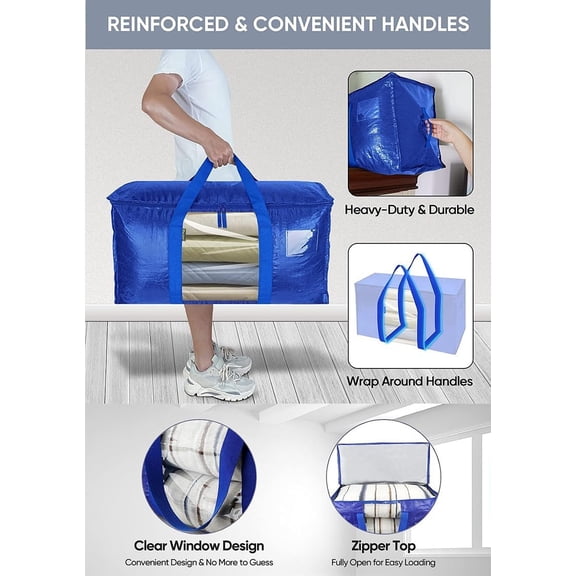 PYYNA-Moving Bags, Moving Supplies, Moving Boxes, Storage Boxes with Lids, Heavy-Duty Storage Totes, Packing Boxes, and Wardrobe Moving Supplies, for Clothes Camping College Dorm, 6 Pack Blue