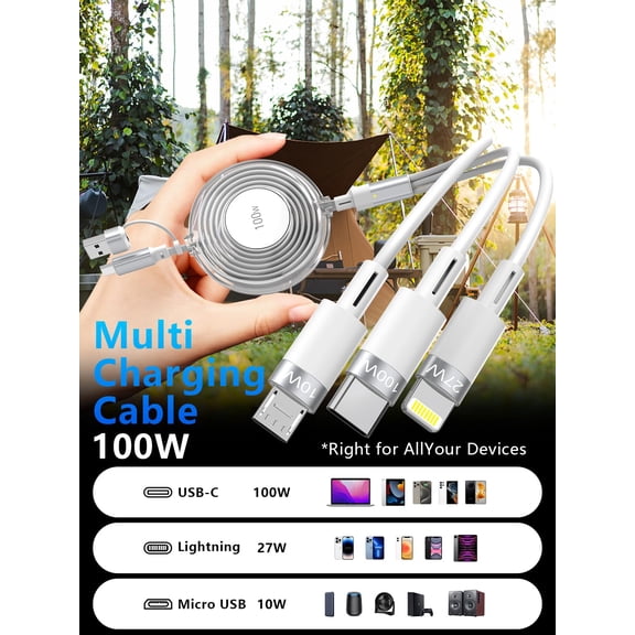 PYYNA-Multi Charging Cable 100W Fast Charging Cord Retractable USB C Multiple Charging Cable 5-in-1 Multi Charger Adapter Cord with Lightning/Micro/Type C for iPhone, iPad, Samsung Galaxy, LG,Tablets