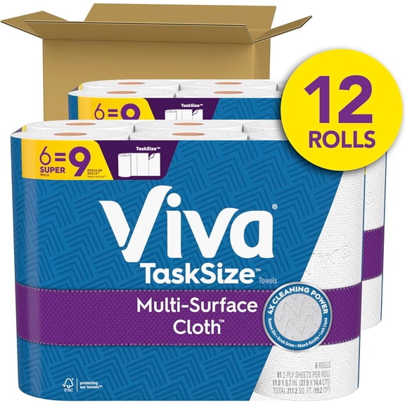 PYYNA-Multi-Surface Cloth Paper Towels, Task Size - 12 Super Rolls (2 Packs of 6) - 81 Sheets Per Roll