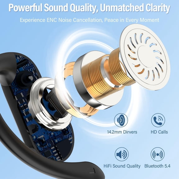 PYYNA-Open Ear Earbuds, Bluetooth 5.4 Wireless Earbuds with Ear Hooks, 32H HiFi Stereo Open Ear Headphones with Clear Calls, IPX7 Lightweight Air Conduction Headphones for Workouts and Running