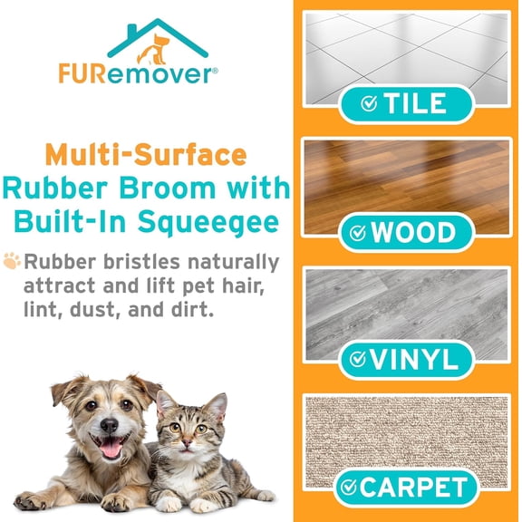 PYYNA-Original Plus Pet Hair Rubber Broom with Squeegee, with 61" Telescopic Handle for Carpet, Tile and Hardwood