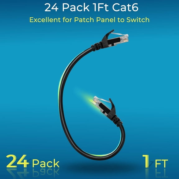 PYYNA-Patch Cables Cat6 1ft (24 Pack), Ethernet Patch Cable 10G, Cat 6 Patch Cable for Patch Panel to Switch, Flexiable Cat 6 Ethernet Cable with Gold Plated Black