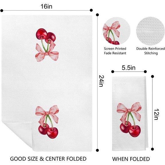 PYYNA-Pink Bow Cherry Kitchen Dish Towels, Preppy Aesthetic Aesthetic Cherry Decorative Hand Towels for Bathroom Kitchen, Coquette Girly Bathroom Decor, 16x24 Inch Set of 2
