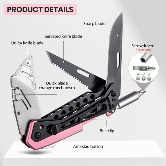 PYYNA-Pink Box Cutter Knife, Folding Utility Knife, 6 in 1 Razor Pocket Utility Knives Multitool with Clip, 5 Razor Blades, Screwdriver, Saw, Safe Lock, Work Knives, EDC Gadgets Gifts for Men Women