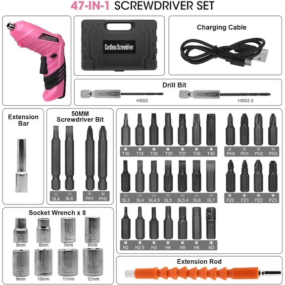 PYYNA-Pink Cordless Electric Screwdriver Set, 3.7V Rechargeable Small Electric Drill with 47pcs Driver Bit Set, Power 3Nm Screw Gun with 2 Position Handle, Flexible Shaft LED Light for Women
