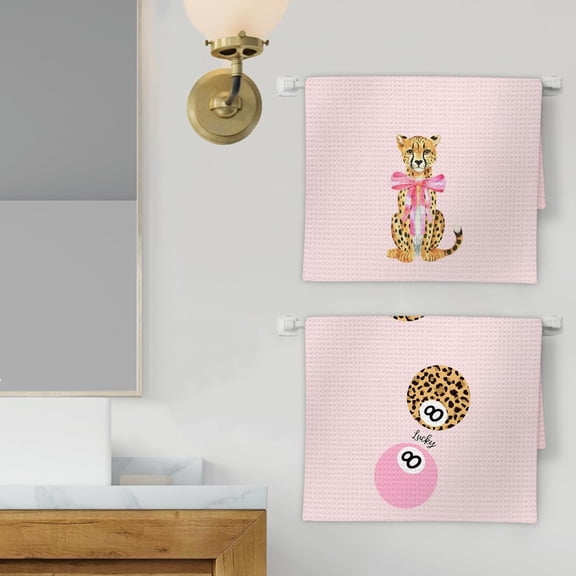 PYYNA-Pink Leopard Decor Hand Towels Set of 2 - Trendy Pink Preppy Leopard 8 Ball Kitchen Towels, Coquette Bow Cheetah Decor Hand Towel for Bathroom Kitchen, Preppy Coquette Bathroom Decor(16x24Inch)