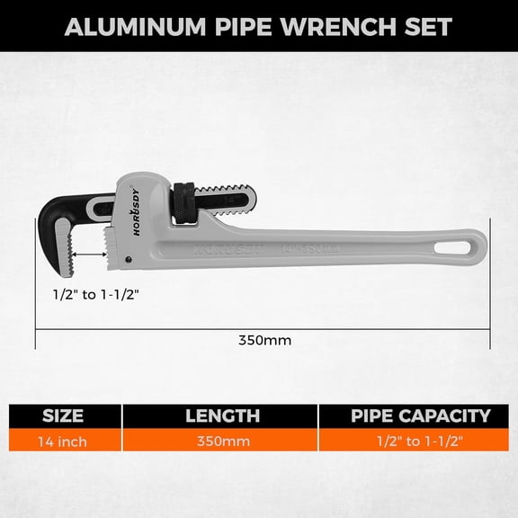 PYYNA-Pipe Wrench 14-Inch, Aluminum Heavy Duty Adjustable Straight Plumbing Pipe Wrench, 350mm, 1/2"1-1/2" Capacity, Lightweight Gray Tool with Strong Grip for Pros, Maintenance & DIY