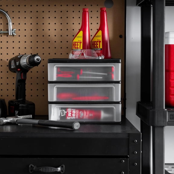 PYYNA-Plastic Stacking Desk Top 3-Drawer Storage Organizer, 1-Pack, for Makeup Vanity Nail Polish Bathroom Stationery Art Craft Supplies Kitchen Office Garage and Small Organization, Medium, Black