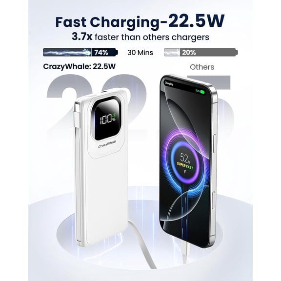 PYYNA-Portable Charger Power Bank with Built-in Type C Cables, 22.5W Fast Charging 10000mAh Phone Charger, Travel Battery Pack Slim Battery Bank with LED Display for iPhone, Android & USB-C (White)