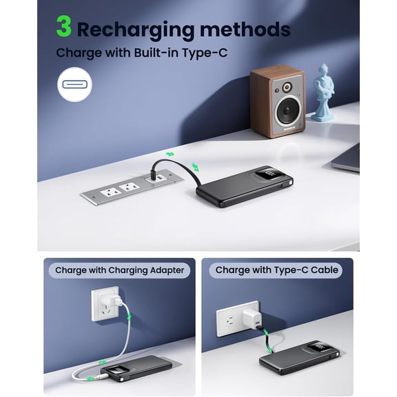 PYYNA-Portable Charger Power Bank with Built-in Type C Cables, 22.5W Fast Charging 10000mAh Phone Charger, Travel Battery Pack Slim Battery Bank with LED Display for iPhone, Android & USB-C (Black)