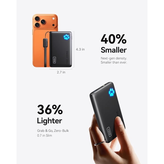 PYYNA-Portable Charger, Ultra Slim 45W Fast Charging with Attached USB C Cable, Flight-Safe 10000mAh PD Power Bank Battery Pack, Travel Essential Phone Powerbank for iPhone 17 16 Samsung S25 Google e