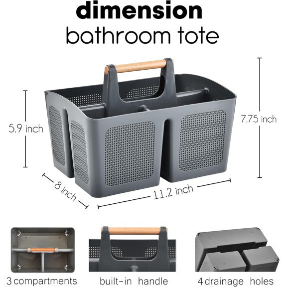 PYYNA-Portable Shower Caddy Basket with Compartments, Plastic Divided Cleaning Caddy Organizer Storage Tote with Handle for Bathroom, College, Dorm Room Essentials, Dark Gray