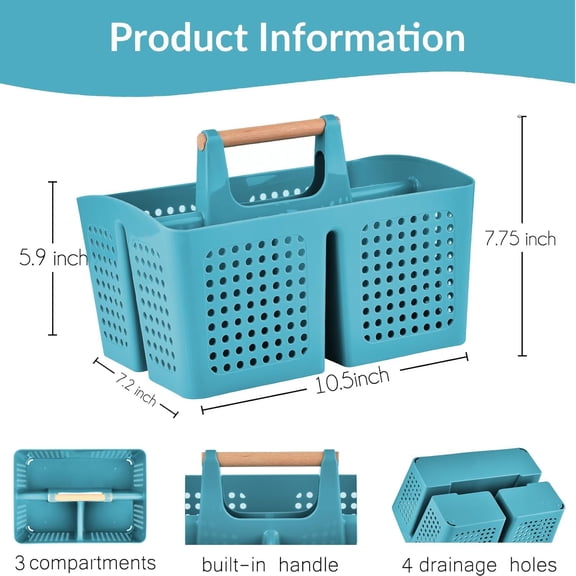 PYYNA-Portable Shower Caddy Basket with Compartments, Plastic Divided Cleaning Caddy Organizer Storage Tote with Handle for Bathroom, College, Dorm Room Essentials, Green