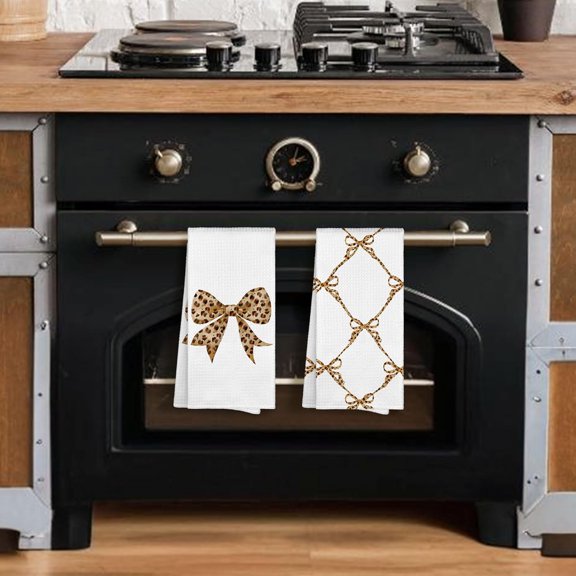 PYYNA-Preppy Cheetah Print Coquette Bow Kitchen Towels Decorative 16x24 Set of 2, Trendy Dish Towels Cloths Dishcloths Tea Towel Gifts for Teen Girls Dorm, Leopard Bathroom Kitchen Hand Towel Decor