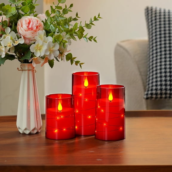PYYNA-Red Flameless Candles 3 Set, Flickering Battery Operated Candles Embedded Fairy String Light, Realistic Pillar Candle with Remote Control and Timer, Acrylic, D3 x H4 5" 6"