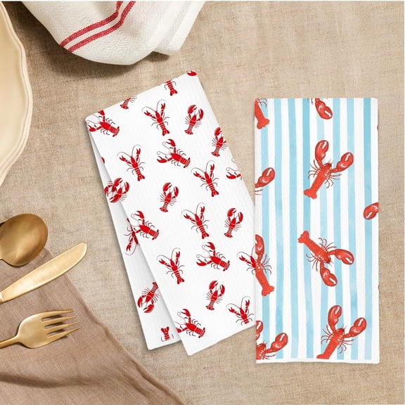 PYYNA-Red Lobster Coastal Beach Kitchen Towels Decor, Preppy Beach Crawfish Dish Hand Tea Towels for Kitchen Decor, Seafood Boil Party Supplies, 16x24 Inch Set of 2