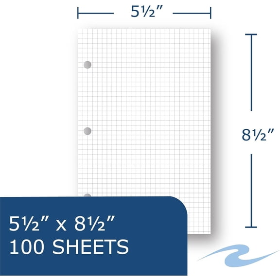 PYYNA-Roaring Spring Loose Leaf Graph Filler Paper, 8.5"x5.5", 12-Pack, 100 Sheets White 15lb, 5x5 Grid Ruled, 3-hole Punched for Mini Binders
