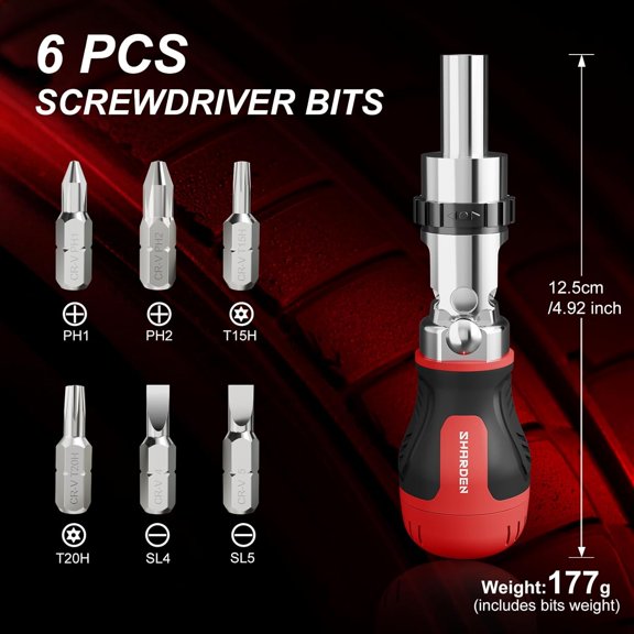 PYYNA-SHARDEN 8 in 1 Stubby Ratcheting Screwdriver Multi Screwdriver Tool All in One with 6 CRV Bits Phillips, Slotted, Torx,180 Degree Pivoting Adjustable Angle Screw Driver Set for Tight Spaces