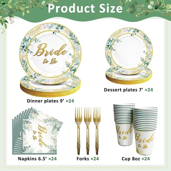 PYYNA-Sage Green Bridal Shower Plates and Napkins Kit, Bride to Be Eucalyptus Bachelorette Party Decorations Supplies for Bridal Shower Party Birthday Sage Green Favors Party Decor Service 24 Guests
