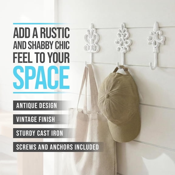 PYYNA-Shabby Chic Decorative Wall Hooks - Set of 3 - Cast Iron French Country Wall Decor - Farmhouse Hangers for Coats, Purses and More - Pure White