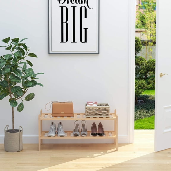 PYYNA-Shoe Rack, 2-Tier Bamboo Stackable Shelf Storage Organizer, Stand for Closet, Entryway, Hallway, Bathroom and Living RoomNatural
