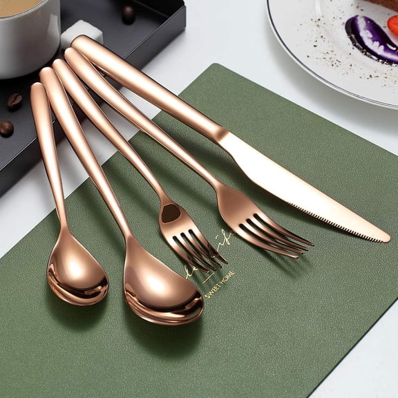 PYYNA-Silverware Set 20 Pieces, Stainless Steel Flatware Set, Titanium Plated Rose Gold Cutlery with Copper Utensils for 4