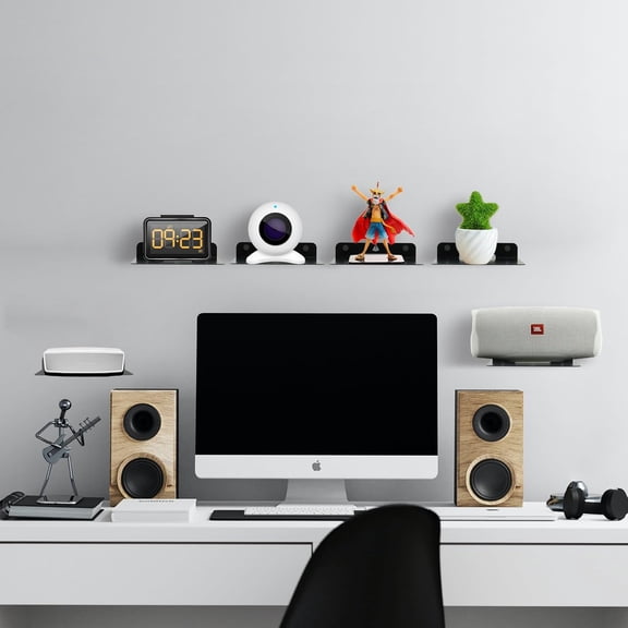 PYYNA-Small Floating Shelf Speaker Mount, 6 inch Small Wall Shelf Metal Speaker Mount for Webcam Security Camera Figures Display Stand (Black, 1 Pack)