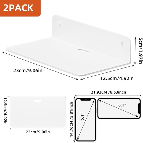 PYYNA-Small Floating Shelves, 9" Adhesive Wall Shelf with Cable Hole, No Drilling, Metal Display Ledges for Living Room, Bedroom, Bathroom (White, 2 Pack)