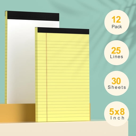 PYYNA-Small Yellow Legal Pads 58 12 Pack College Ruled Notepads with Perforated Pages and Double Sided Printing, Ideal for Work, Study, 80gsm Premium Thick Paper, Writing Pads 5"x8" 30 Sheets/60 P